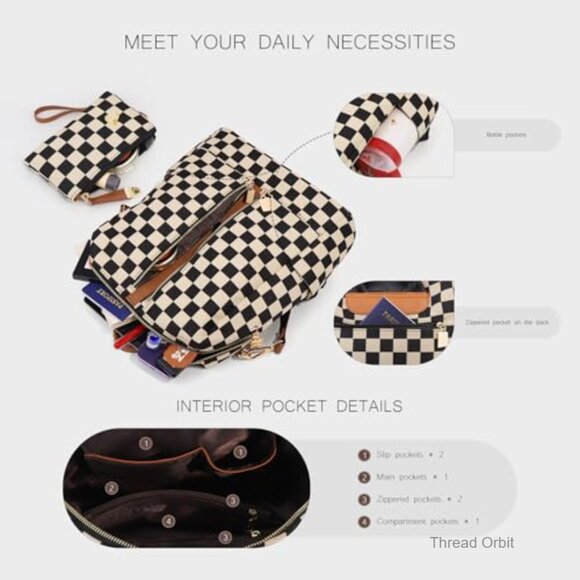 Checkered Canvas Backpack Purse for Women, 20L Capacity, Water Resistant Daypack